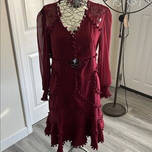 Burgundy Red V-Neck Cutout Tassel Dress with Pom-Pom Detailing L